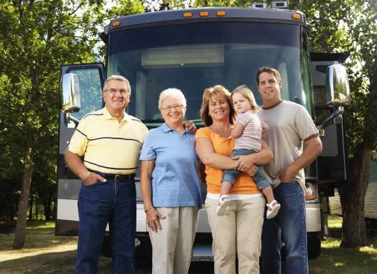 A family standing in front of their RV